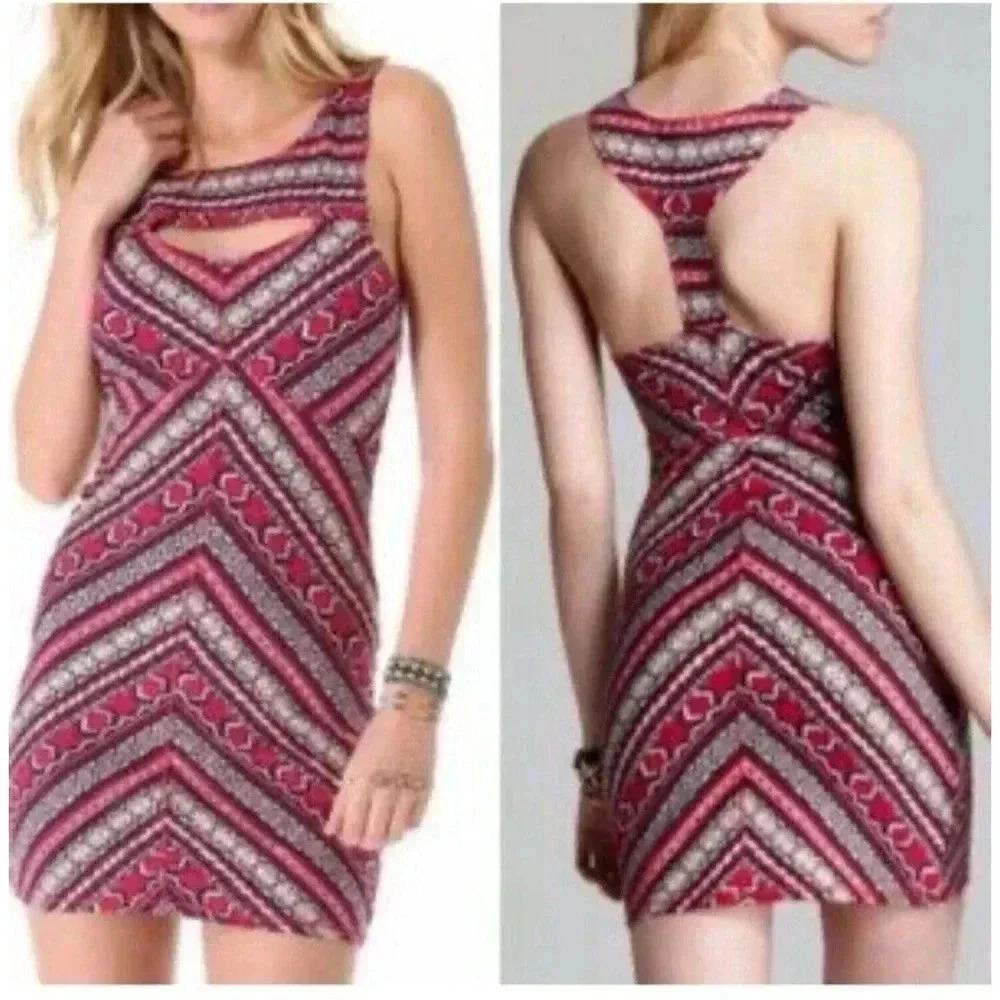 FREE PEOPLE Intimately Womens Chevron Bodycon Mini Dress Keyhole Front Sz L